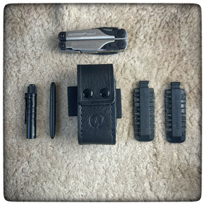 LEATHERMAN® MULTITOOL DeLuxe Leather Sheath 4" (Pockets for Bits,Extender & Flashlight ) [ 2 Elastic Bands ]