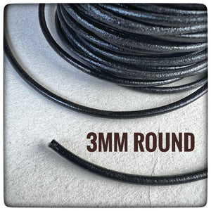 LEATHER CORD - BLACK - ROUND   ( 3mm  - ¹/₈ inches )